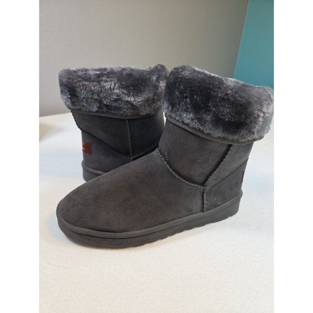 Polar Gray Knit Suede Boots Faux Fur Cuff Tattoo Sole Y2K Size 9.5